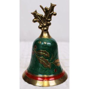 Vintage Enameled Metal Brass Bell Green Red Christmas Mistletoe Theme Decorative